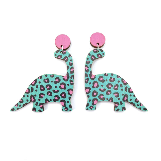 Leopard Print Dinosaur Statement Earrings Pink and Blue