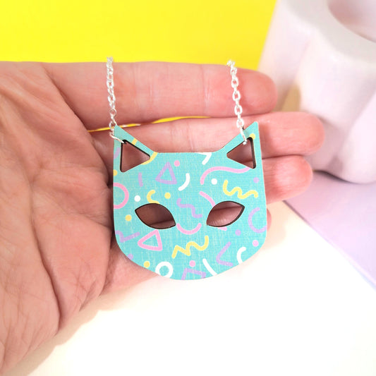 90s Pattern Cat Statement Cat Necklace, Turquoise