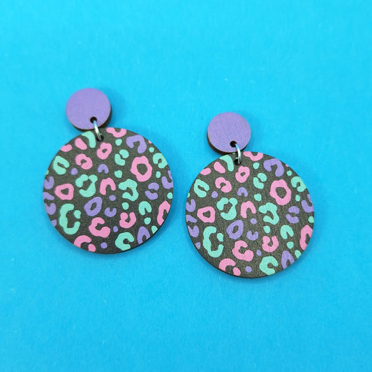 Leopard Print Statement Earrings Large Circles Blue and Pink