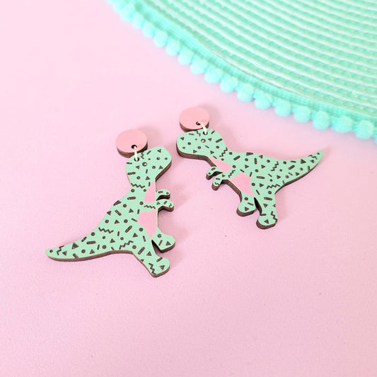 Turquoise Retro T-Rex Dinosaur Statement Earrings Pink and Blue