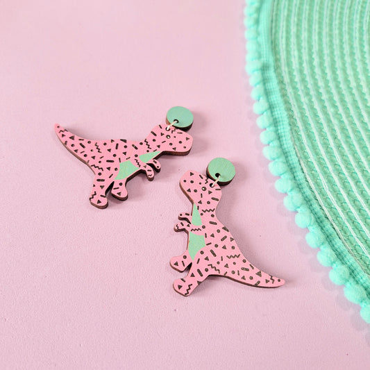 Pink Retro T-Rex Dinosaur Statement Earrings Pink and Blue